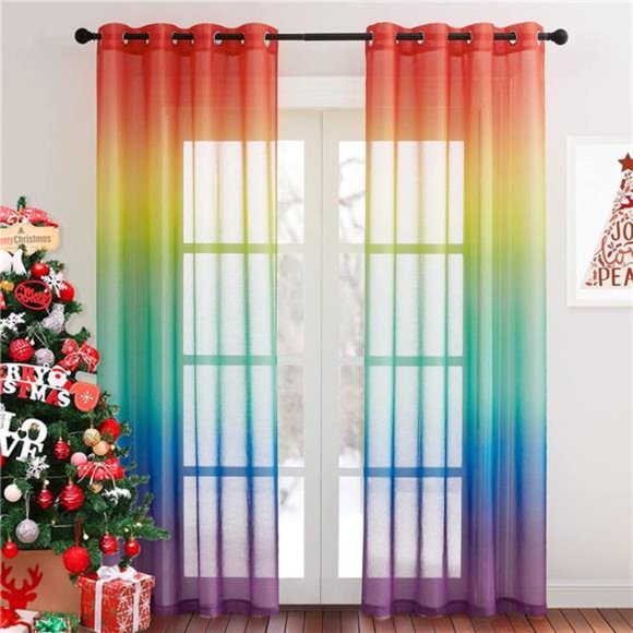 Colorful Curtains Rainbow Sheer Curtains for Bedroom Girls Room Decor, Ombre - Picture 1 of 6